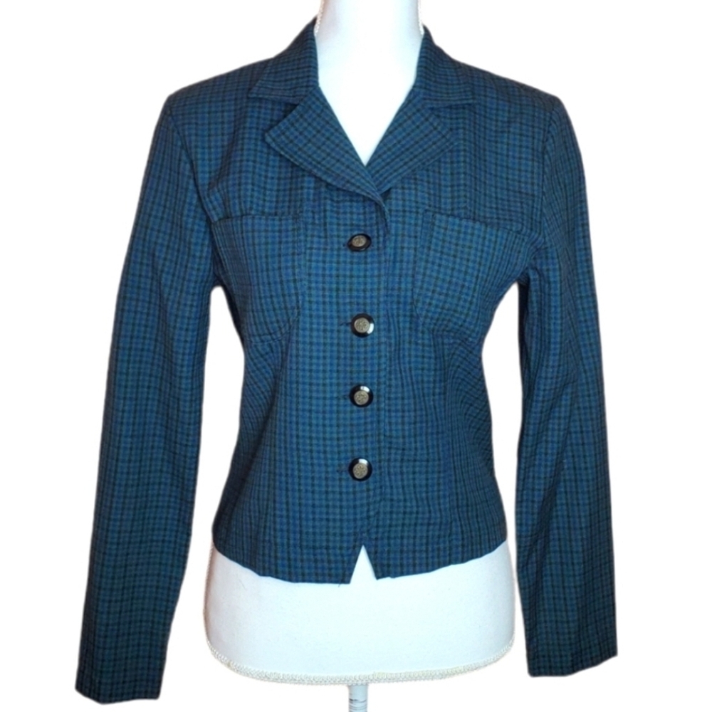 All That Jazz Vintage Green Plaid Button Front Preppy Academia Blazer 9/10